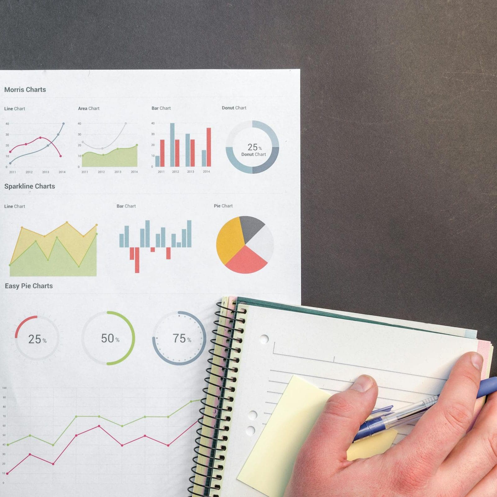 Overhead view of a business desk with charts and a laptop, ideal for data analysis concepts.